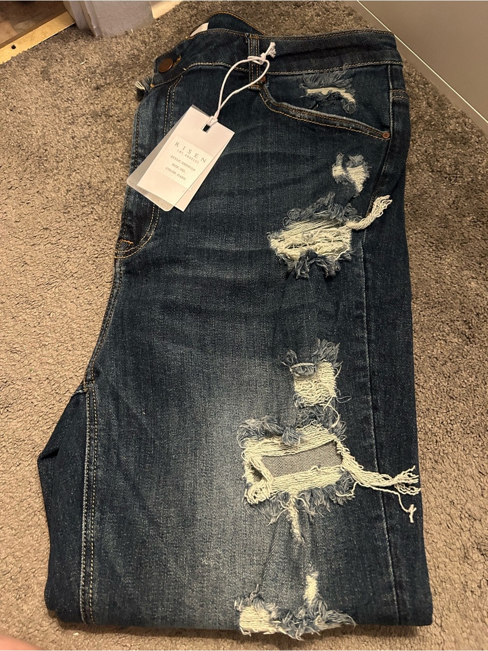 Risen Women’s Slim Straight Distressed Jeans in Dark Blue